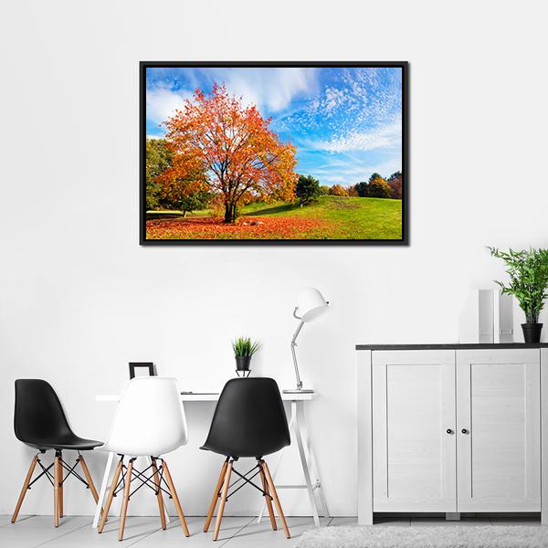 Autumn Fall Landscape With A Tree Canvas Wall Art-3 Horizontal-Gallery Wrap-25" x 16"-Tiaracle