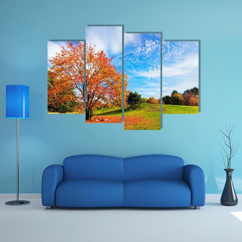 Autumn Fall Landscape With A Tree Canvas Wall Art-4 Pop-Gallery Wrap-50" x 32"-Tiaracle