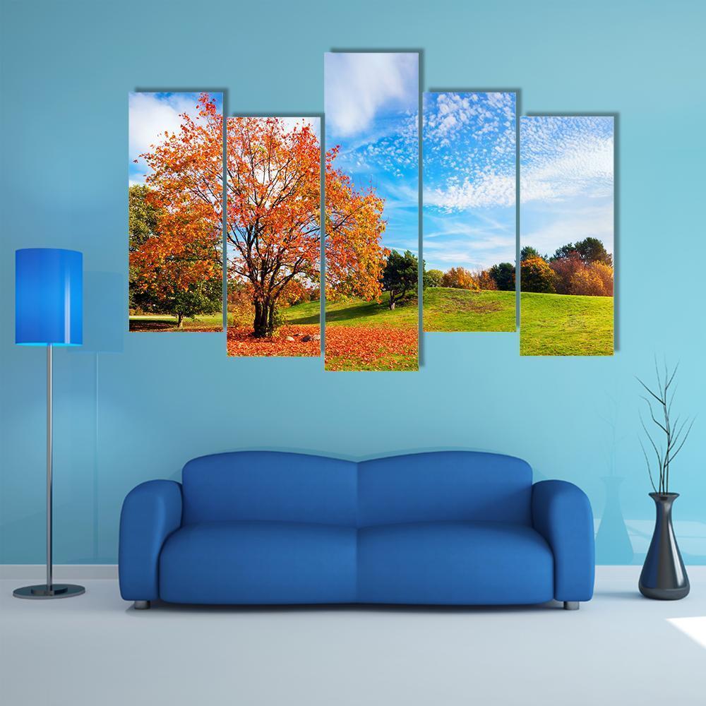 Autumn Fall Landscape With A Tree Canvas Wall Art-5 Pop-Gallery Wrap-47" x 32"-Tiaracle