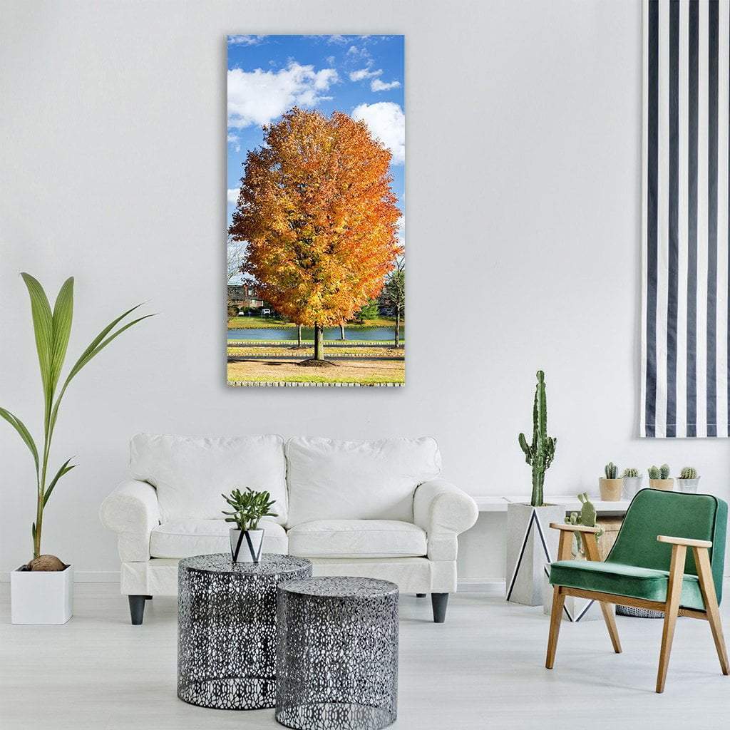 Autumn Fall Tree Near Lake Vertical Canvas Wall Art-3 Vertical-Gallery Wrap-12" x 25"-Tiaracle