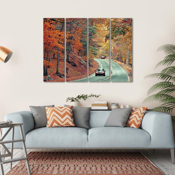 Cars On Autumn Road Canvas Wall Art-4 Horizontal-Gallery Wrap-34" x 24"-Tiaracle