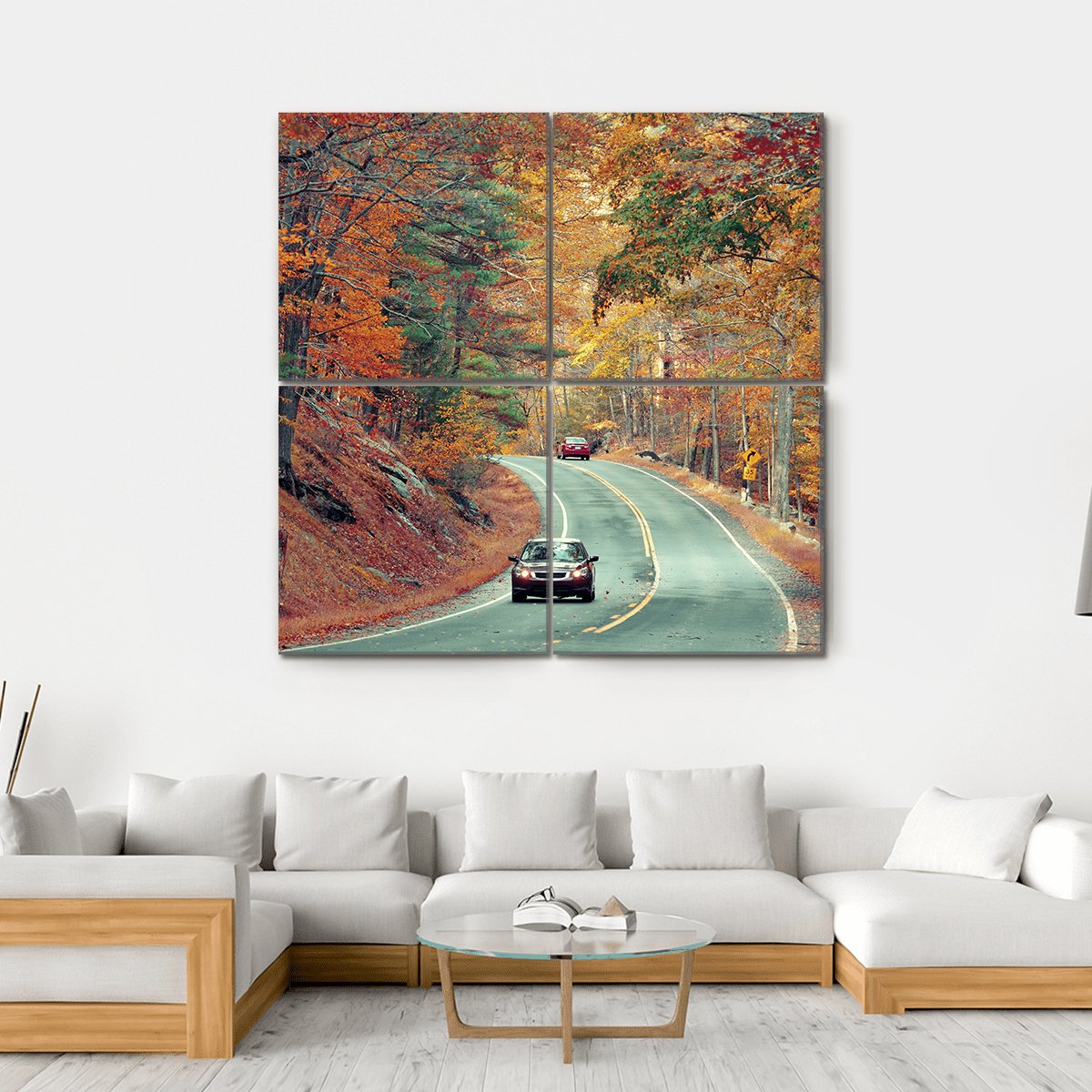 Cars On Autumn Road Canvas Wall Art-4 Square-Gallery Wrap-17" x 17"-Tiaracle
