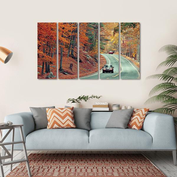 Cars On Autumn Road Canvas Wall Art-5 Horizontal-Gallery Wrap-22" x 12"-Tiaracle