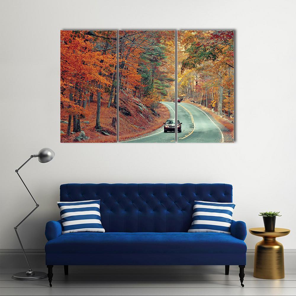 Cars On Autumn Road Canvas Wall Art-4 Pop-Gallery Wrap-50" x 32"-Tiaracle