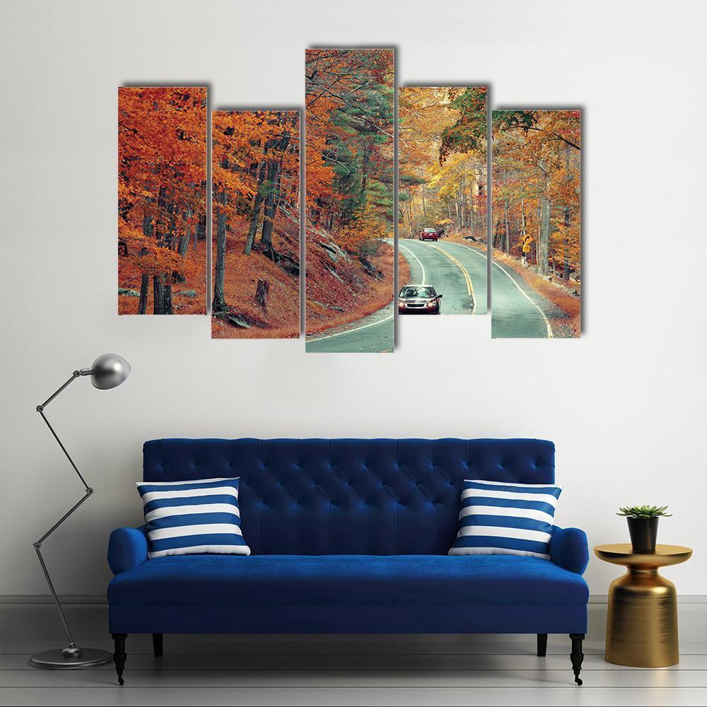 Cars On Autumn Road Canvas Wall Art-5 Pop-Gallery Wrap-47" x 32"-Tiaracle