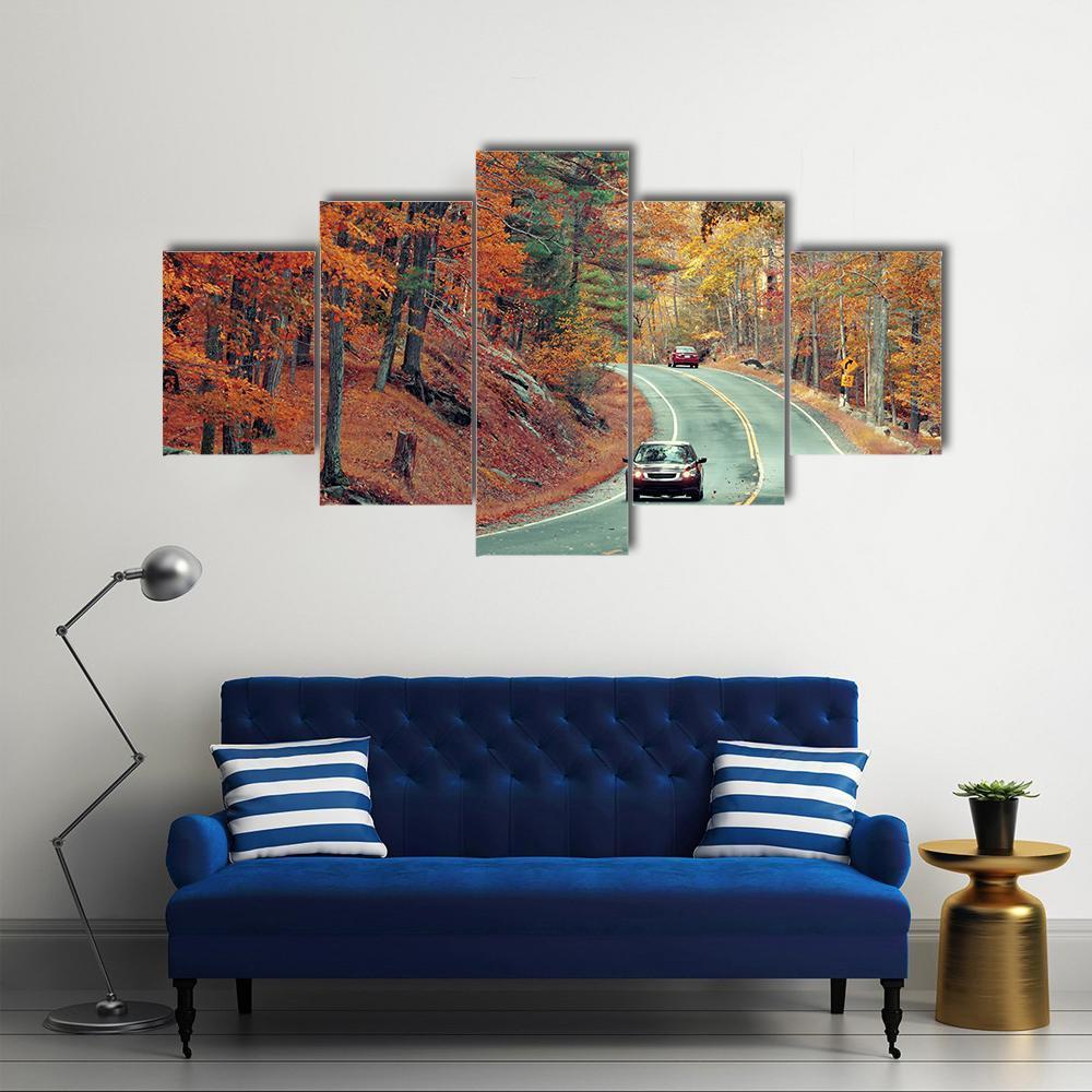 Cars On Autumn Road Canvas Wall Art-5 Star-Gallery Wrap-62" x 32"-Tiaracle