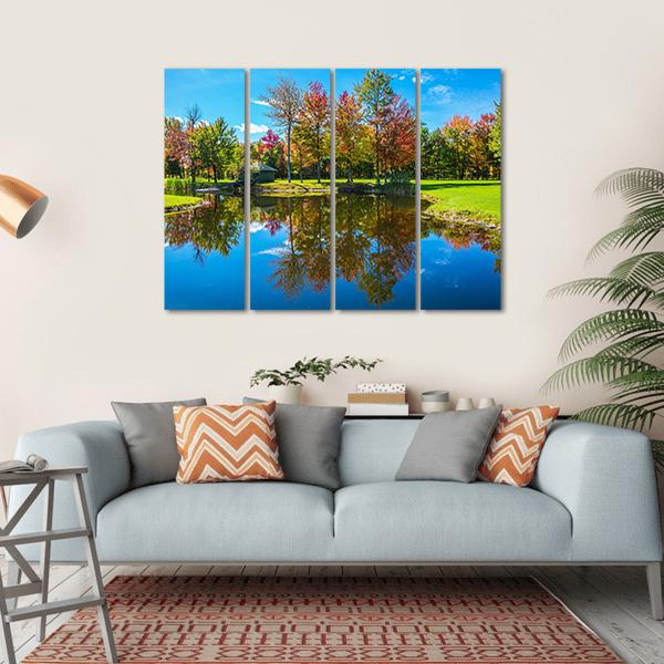 Autumn Foliage Reflection On Lake Canvas Wall Art-4 Horizontal-Gallery Wrap-34" x 24"-Tiaracle