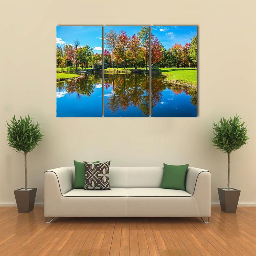 Autumn Foliage Reflection On Lake Canvas Wall Art-3 Horizontal-Gallery Wrap-37" x 24"-Tiaracle