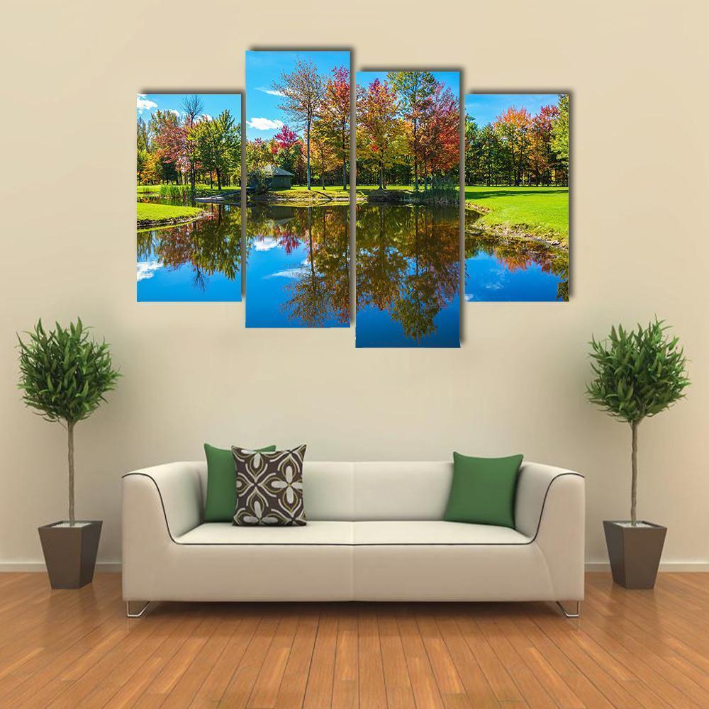 Autumn Foliage Reflection On Lake Canvas Wall Art-4 Pop-Gallery Wrap-50" x 32"-Tiaracle