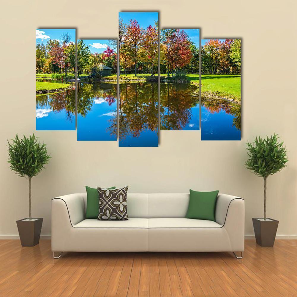 Autumn Foliage Reflection On Lake Canvas Wall Art-5 Pop-Gallery Wrap-47" x 32"-Tiaracle