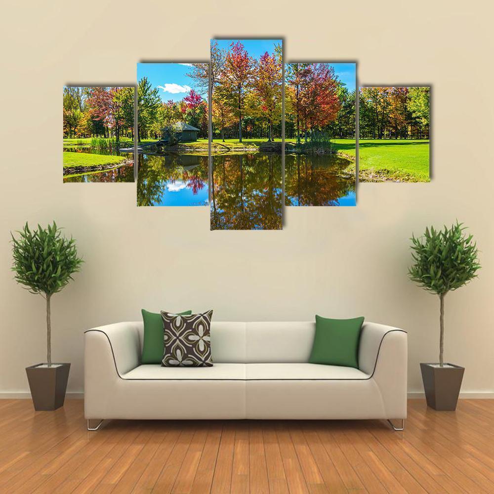 Autumn Foliage Reflection On Lake Canvas Wall Art-5 Star-Gallery Wrap-62" x 32"-Tiaracle