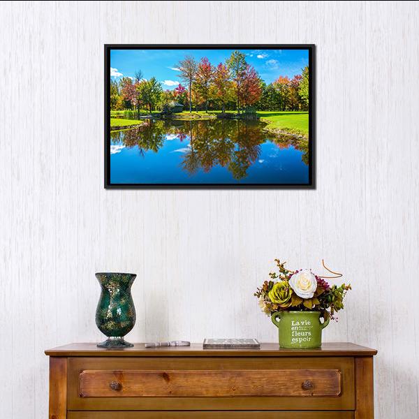 Autumn Foliage Reflection On Lake Canvas Wall Art-1 Piece-Floating Frame-24" x 16"-Tiaracle