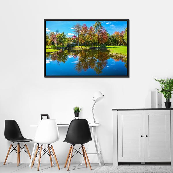 Autumn Foliage Reflection On Lake Canvas Wall Art-3 Horizontal-Gallery Wrap-25" x 16"-Tiaracle