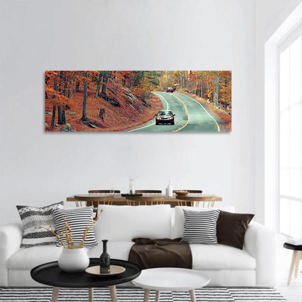 Cars On Autumn Road Panoramic Canvas Wall Art-1 Piece-36" x 12"-Tiaracle