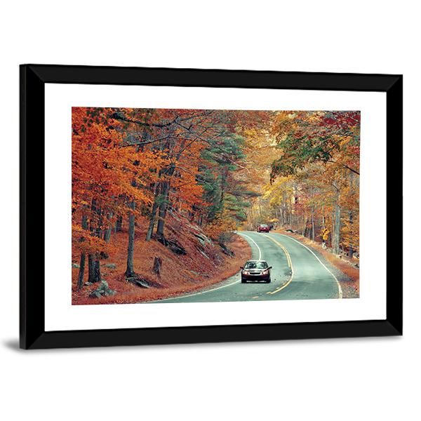 Cars On Autumn Road Panoramic Canvas Wall Art-1 Piece-36" x 12"-Tiaracle