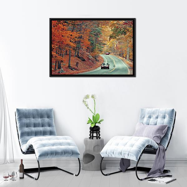Cars On Autumn Road Panoramic Canvas Wall Art-1 Piece-36" x 12"-Tiaracle