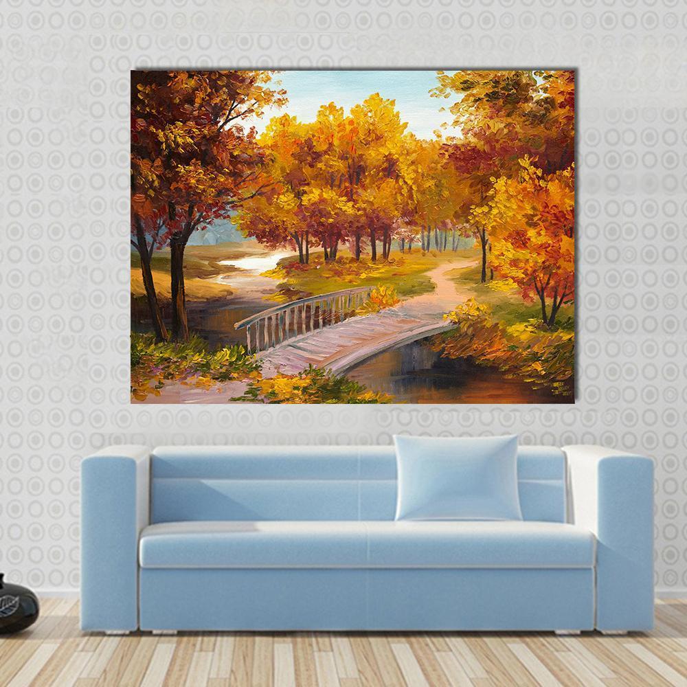 Autumn Forest &amp; Bridge Canvas Wall Art in brown, orange and yellow, single panel hung on a wall