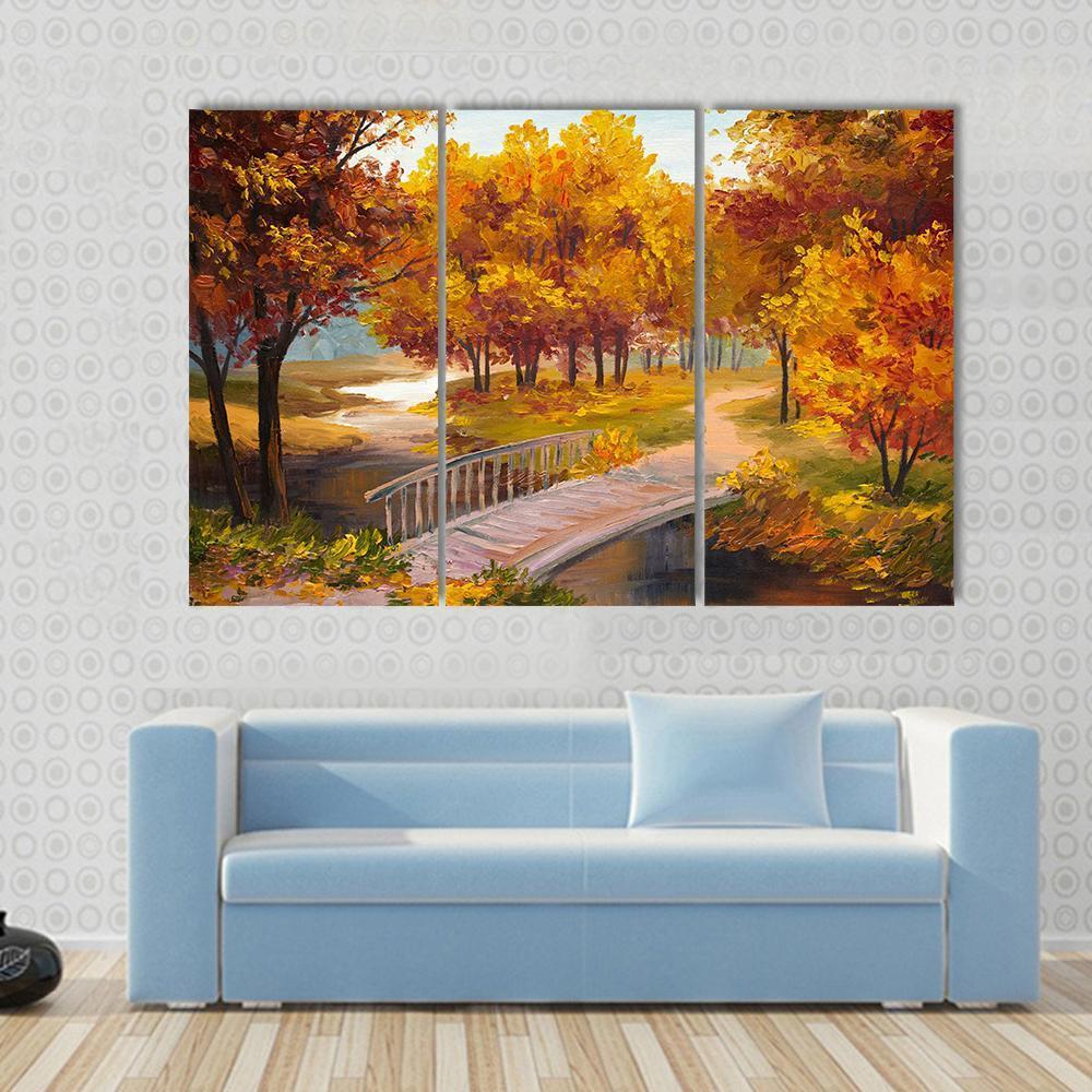 Autumn Forest &amp; Bridge Canvas Wall Art-3 Horizontal-Gallery Wrap-37&quot; x 24&quot;-Tiaracle
