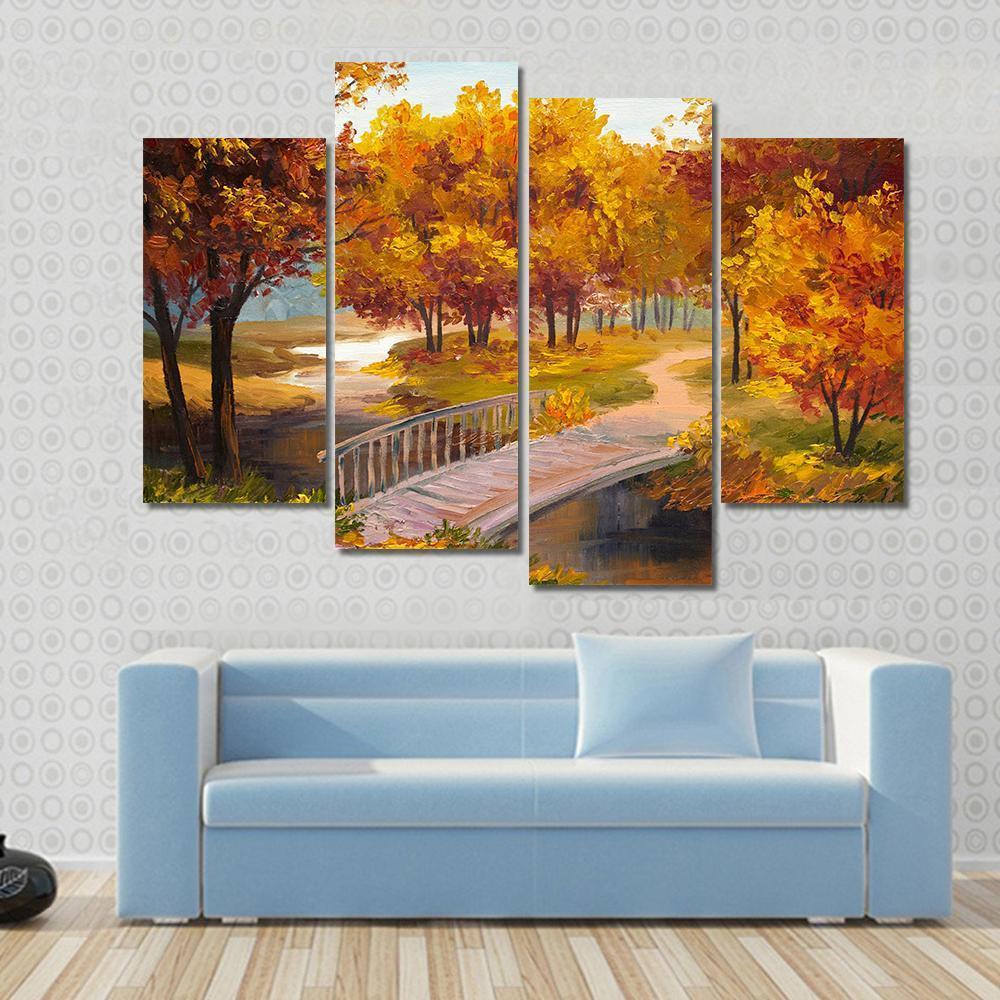 Autumn Forest &amp; Bridge Canvas Wall Art-4 Pop-Gallery Wrap-50&quot; x 32&quot;-Tiaracle