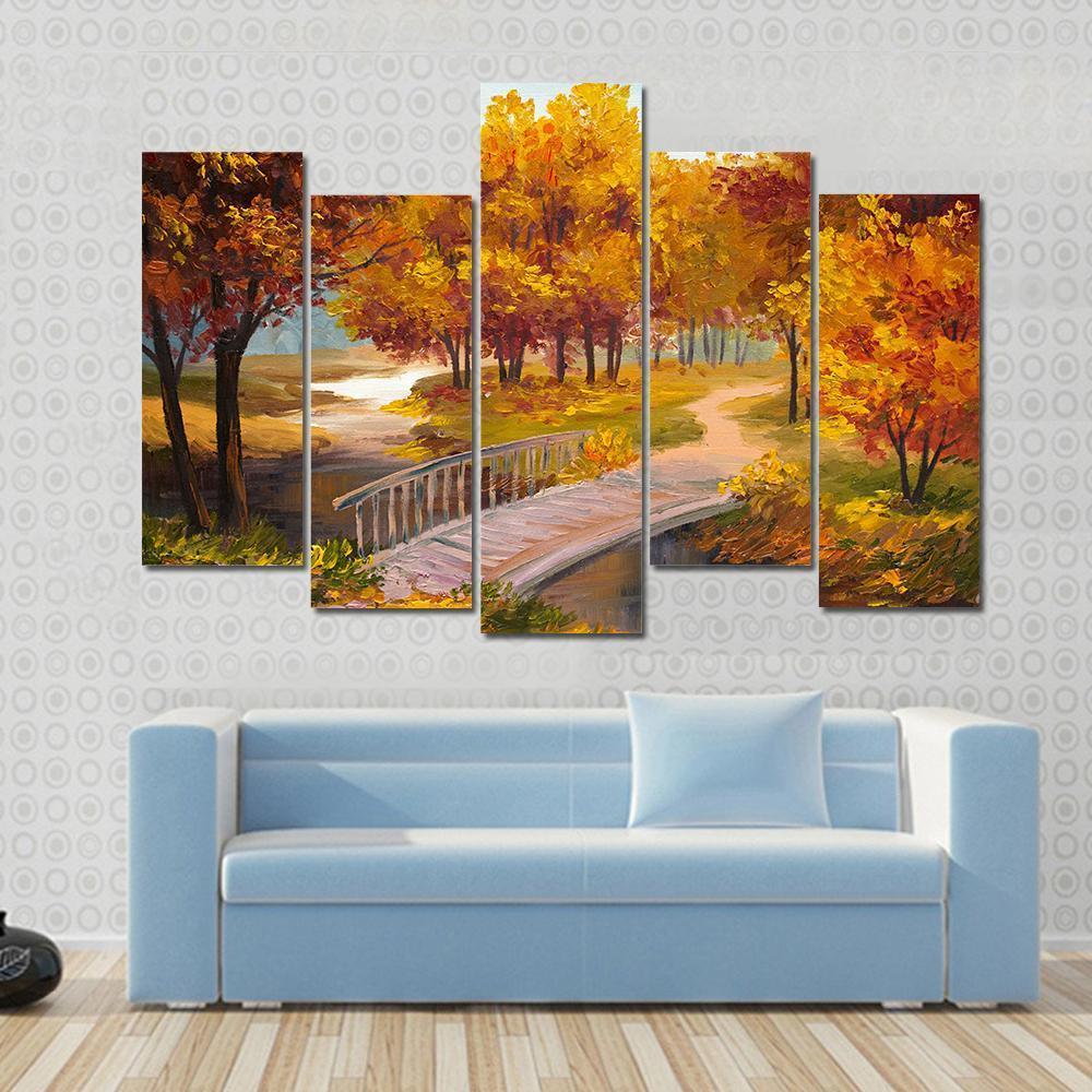 Autumn Forest &amp; Bridge Canvas Wall Art-5 Pop-Gallery Wrap-47&quot; x 32&quot;-Tiaracle