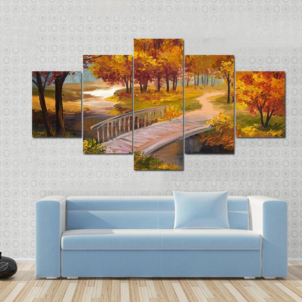 Autumn Forest &amp; Bridge Canvas Wall Art-5 Star-Gallery Wrap-62&quot; x 32&quot;-Tiaracle