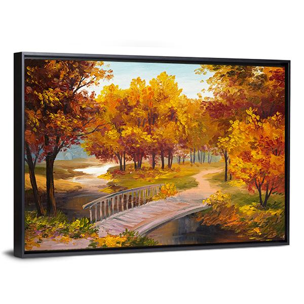 Autumn Forest &amp; Bridge Canvas Wall Art-5 Horizontal-Gallery Wrap-22" x 12"-Tiaracle