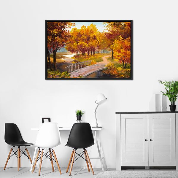 Autumn Forest & Bridge Canvas Wall Art-1 Piece-Floating Frame-24" x 16"-Tiaracle