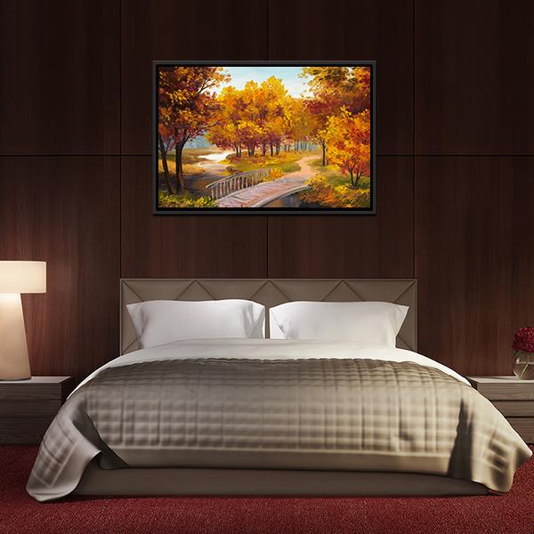Autumn Forest & Bridge Canvas Wall Art-5 Horizontal-Gallery Wrap-22" x 12"-Tiaracle