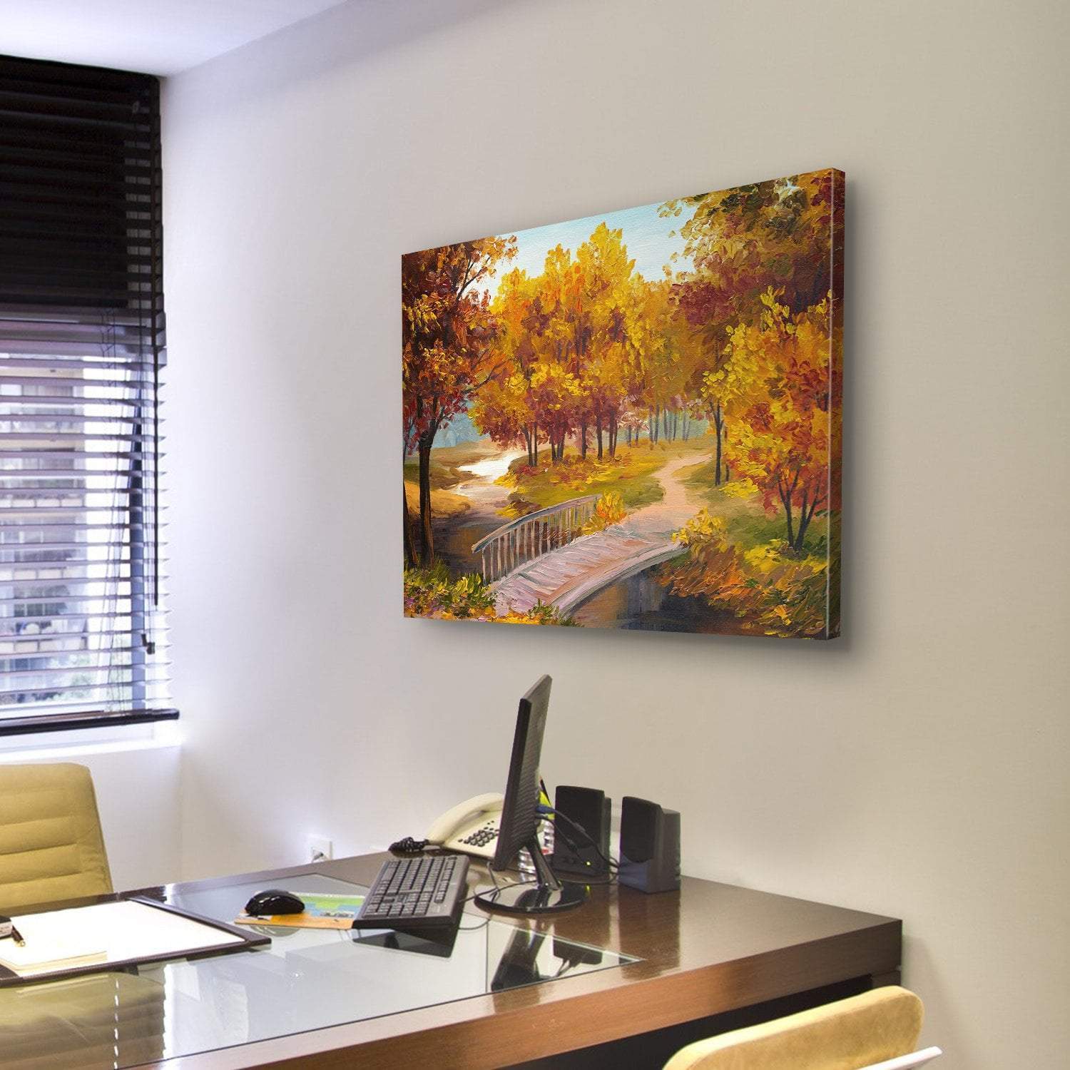 Autumn Forest & Bridge Canvas Wall Art-3 Horizontal-Gallery Wrap-37" x 24"-Tiaracle
