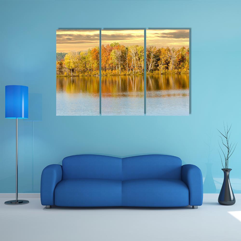Autumn Forest And Lake In Fall Season Canvas Wall Art-3 Horizontal-Gallery Wrap-37" x 24"-Tiaracle