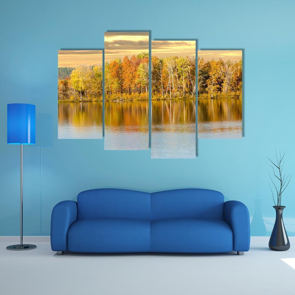 Autumn Forest And Lake In Fall Season Canvas Wall Art-4 Pop-Gallery Wrap-50" x 32"-Tiaracle