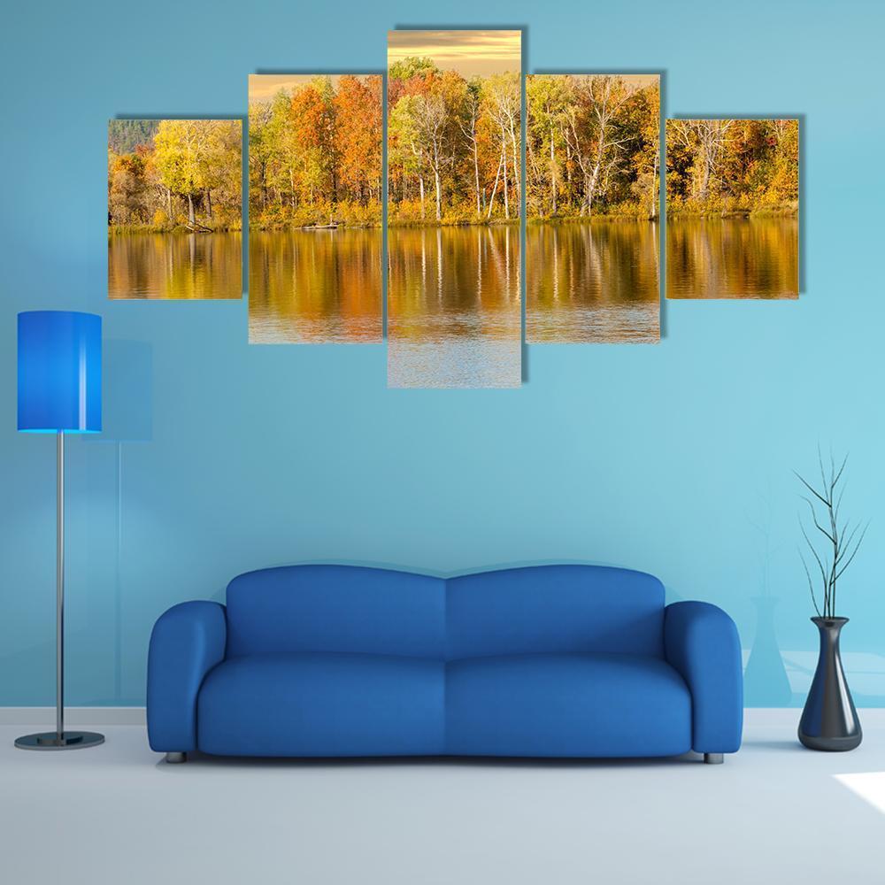 Autumn Forest And Lake In Fall Season Canvas Wall Art-5 Star-Gallery Wrap-62" x 32"-Tiaracle