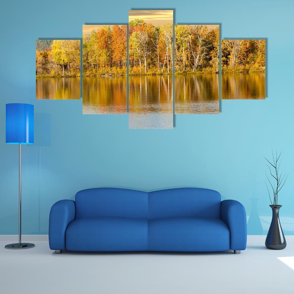 Autumn Forest And Lake In Fall Season Canvas Wall Art-5 Pop-Gallery Wrap-47" x 32"-Tiaracle