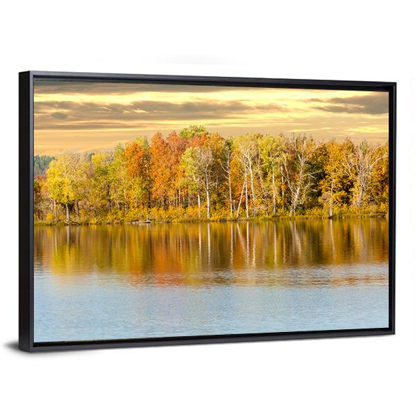 Autumn Forest And Lake In Fall Season Canvas Wall Art-3 Horizontal-Gallery Wrap-25" x 16"-Tiaracle