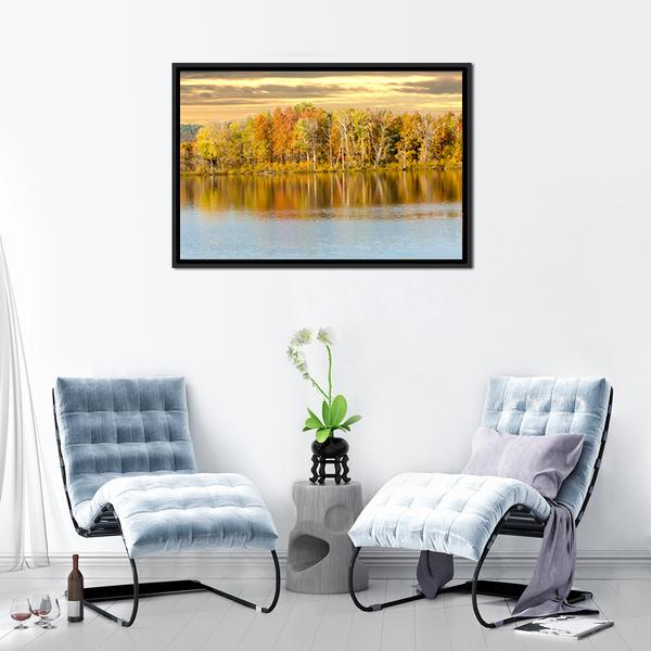 Autumn Forest And Lake In Fall Season Canvas Wall Art-3 Horizontal-Gallery Wrap-25" x 16"-Tiaracle