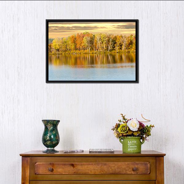 Autumn Forest And Lake In Fall Season Canvas Wall Art-1 Piece-Floating Frame-24" x 16"-Tiaracle