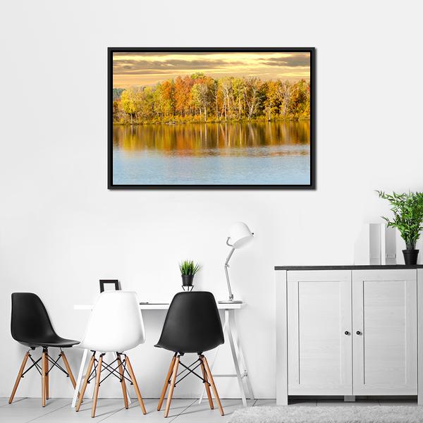 Autumn Forest And Lake In Fall Season Canvas Wall Art-3 Horizontal-Gallery Wrap-25" x 16"-Tiaracle