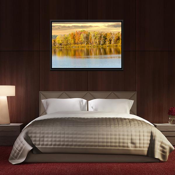 Autumn Forest And Lake In Fall Season Canvas Wall Art-3 Horizontal-Gallery Wrap-25" x 16"-Tiaracle