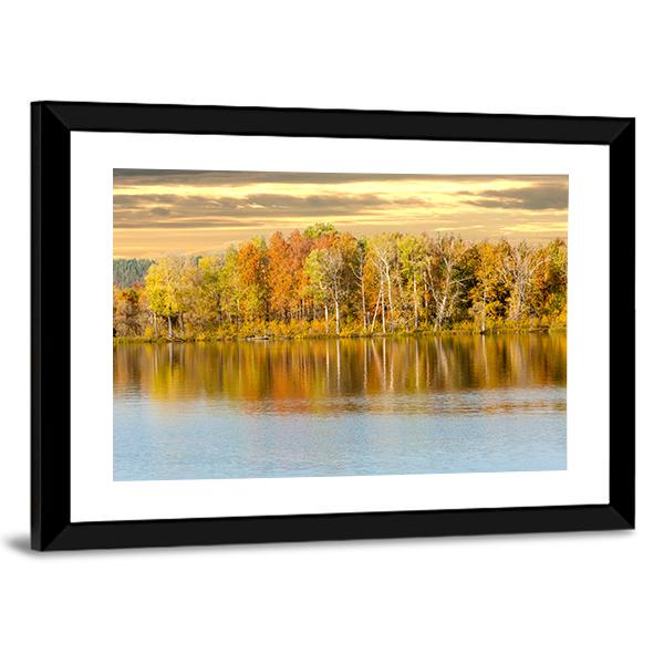 Autumn Forest And Lake In Fall Season Canvas Wall Art-3 Horizontal-Gallery Wrap-25" x 16"-Tiaracle