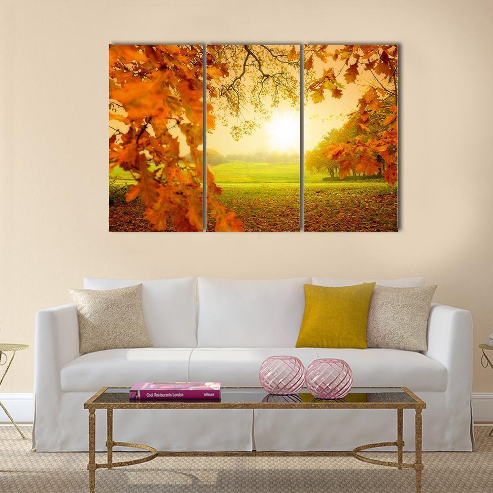 Autumn Forest & Sun Canvas Wall Art-3 Horizontal-Gallery Wrap-37" x 24"-Tiaracle