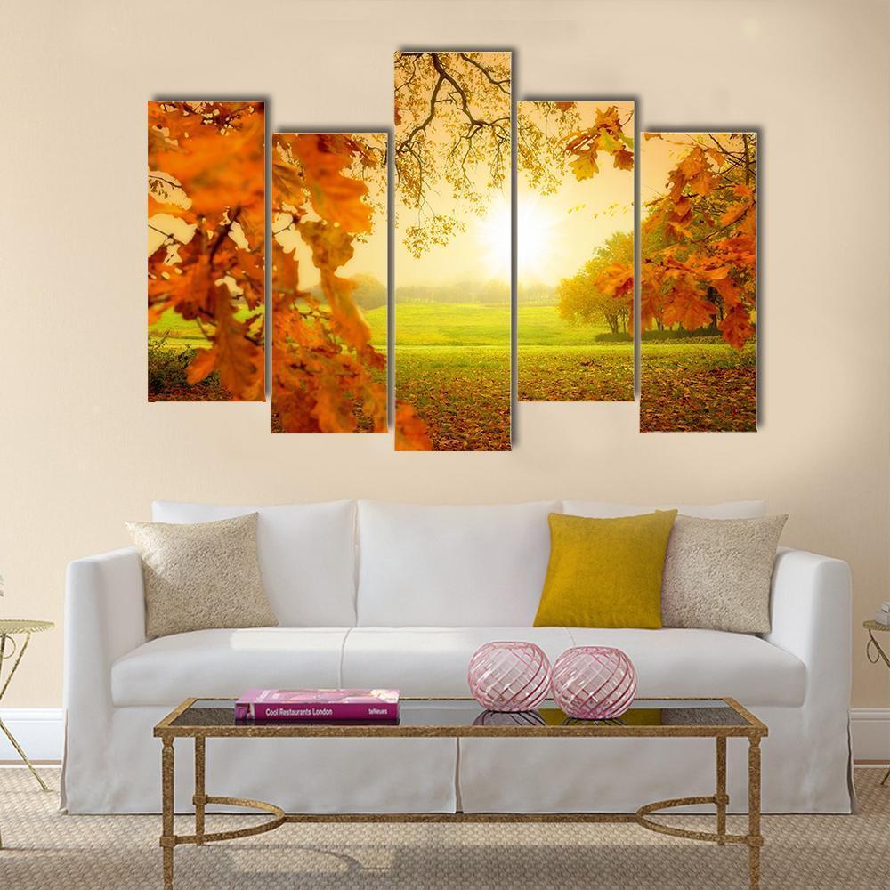 Autumn Forest &amp; Sun Canvas Wall Art-5 Pop-Gallery Wrap-47" x 32"-Tiaracle