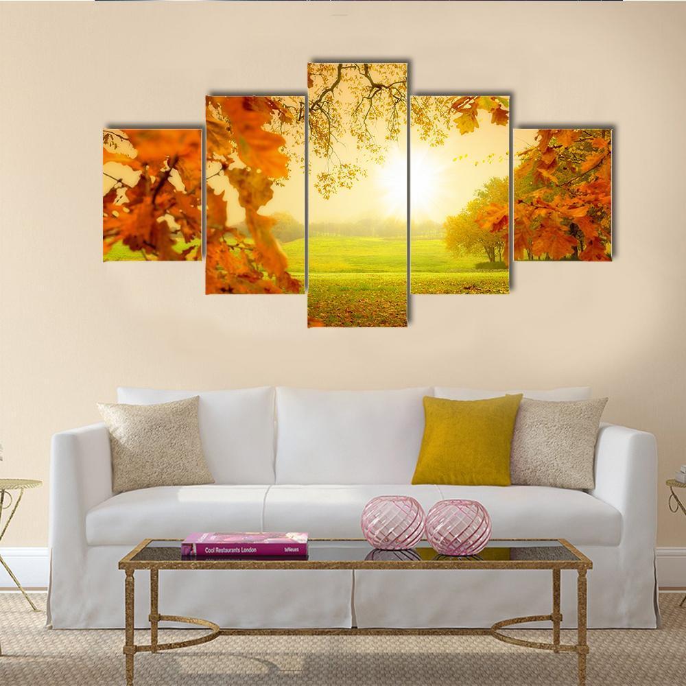 Autumn Forest &amp; Sun Canvas Wall Art-5 Star-Gallery Wrap-62" x 32"-Tiaracle
