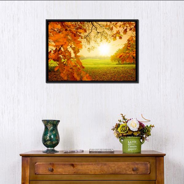 Autumn Forest with Sunlight Canvas Wall Art in orange, yellow and green, framed canvas, product view on a white background