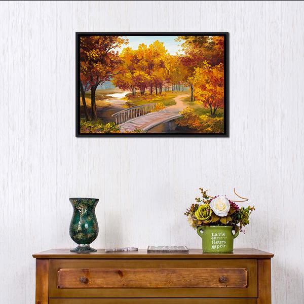 Autumn Forest &amp; Bridge Canvas Wall Art-1 Piece-Floating Frame-24&quot; x 16&quot;-Tiaracle