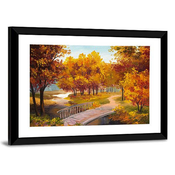 Autumn Forest &amp; Bridge Canvas Wall Art-3 Horizontal-Gallery Wrap-25&quot; x 16&quot;-Tiaracle