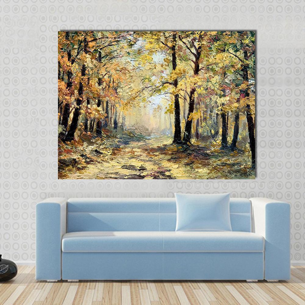 Autumn Forest Path in Golden Light Canvas Wall Art in brown, gold and yellow, single panel hung on a wall