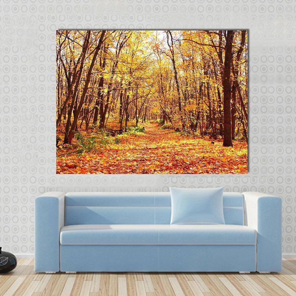 Autumn Forest Landscape Canvas Wall Art in brown, orange and yellow, single panel hung on a wall
