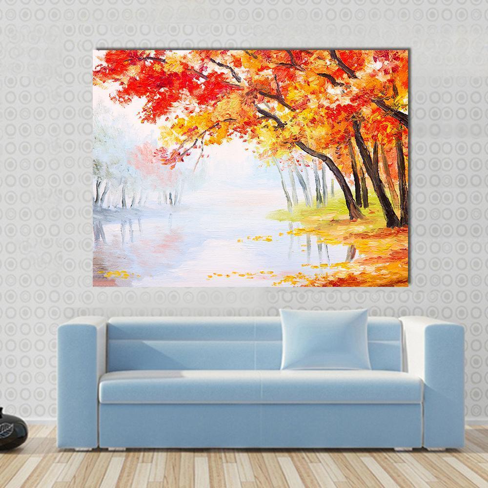 Autumn Forest Near the Lake Canvas Wall Art in red, orange and yellow, single panel hung on a wall