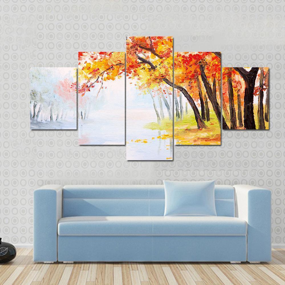 Autumn Forest Near The Lake Canvas Wall Art-5 Star-Gallery Wrap-62&quot; x 32&quot;-Tiaracle