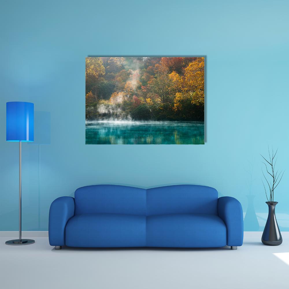 Autumn Forest at Onsen Lake Canvas Wall Art in orange, green and blue, single panel hung on a wall